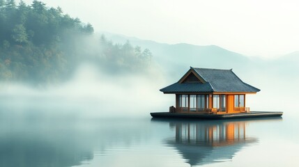 Fototapeta premium A floating tea house on a tranquil lake, with gentle ripples on the water and a misty backdrop of distant mountains, creating a dreamlike setting