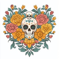 Fototapeta premium A vibrant heart-shaped design featuring a decorated skull and colorful flowers, blending themes of life and death in a unique artistic style.