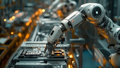 Fototapeta premium A robotic arm assembling intricate mechanical parts in a highly automated factory, with precise movements