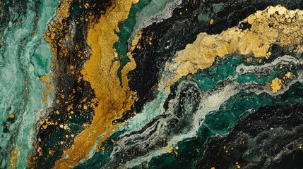 Abstract Art Background with Green and Gold Swirls