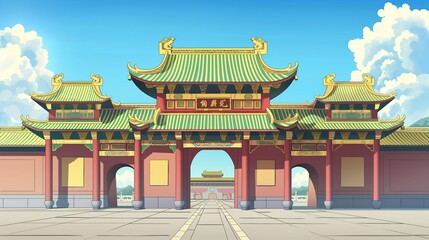 Obraz premium anime background of the kingdom 's palace , huge gate