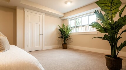 Fototapeta premium A modern basement interior design featuring a white door, large windows for natural light, and lush green plants. It is a perfect space for a home office, guest room, or entertainment area.
