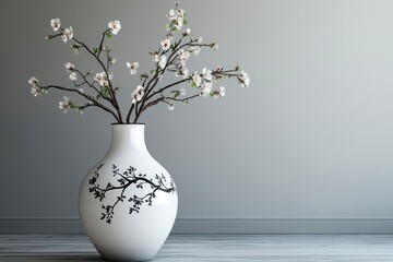 White vase with black tree and flower pattern on fuzzy white background