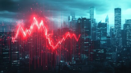 Naklejka premium Futuristic city skyline with a red arrow crashing into the ground, representing stock market collapse