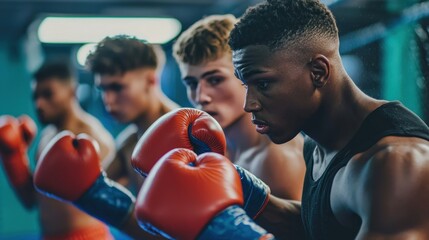 Young men boxing with a coach, learning techniques and skills.