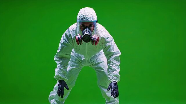 Scientist in a hazmat suit and gas mask is bending over and reaching towards the camera against a green screen background