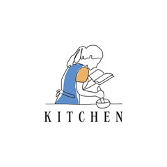 Woman cooking continuous line vector logo design