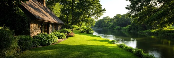 Fototapeta premium A picturesque stone cottage nestled on a lush green lawn, overlooking a tranquil waterway surrounded by vibrant greenery. Tranquility, nature, escape, home, and serenity are the concepts this image e