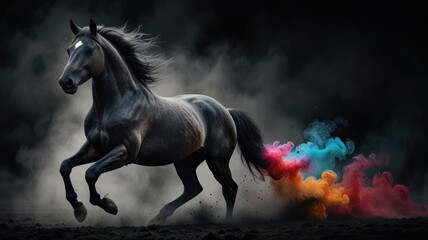 Black Horse Running With Colorful Smoke