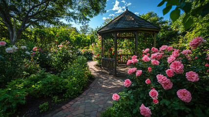 A serene garden pathway leading to a gazebo surrounded by blooming roses on a sunny day