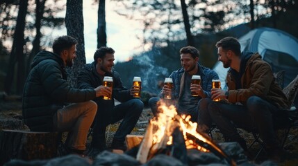 Fototapeta premium Young men drinking beer around a campfire, sharing stories.