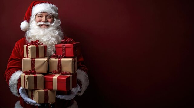 Santa Claus holding a stack of wrapped gifts against a red background