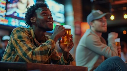 Obraz premium Young men drinking beer at a lively sports bar, watching a game.