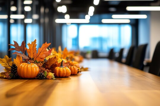 Festive autumn decor with pumpkins and leaves on a table, blurred background lights.