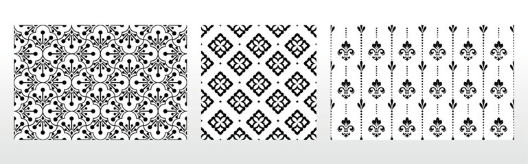 Geometric floral set of seamless patterns. White and black vector backgrounds. Damask graphic ornaments.