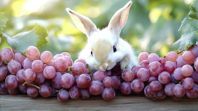 Cute bunny rabbit eating grapes in a garden