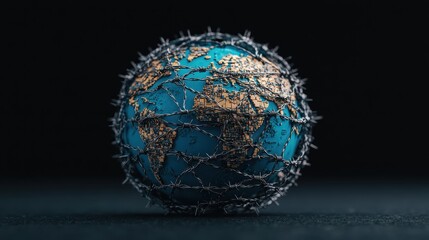 A globe wrapped in sharp barbed wire illustrates the restrictive nature of global politics, representing geopolitical struggles and the harsh consequences of sanctions and borders.