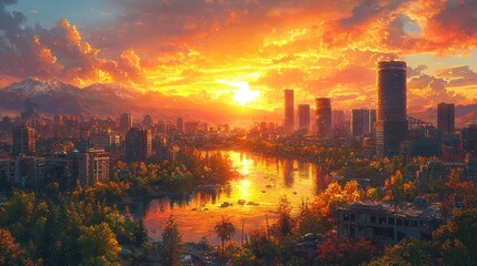 Obraz premium Golden Sunset Over Cityscape with River and Mountains