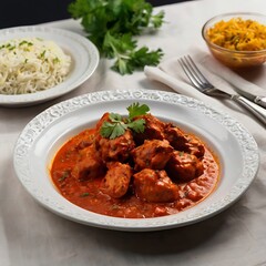 Fototapeta premium Delicious juicy tasty Chicken tikka dish well cooked with some vegetable served, Chicken tikka masala, cooked marinated chicken in spiced curry sauce