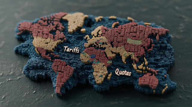 A world map highlighting tariffs and quotas in various countries reflects the complexities of global trade barriers, economic regulations, and the limitations on international trade.