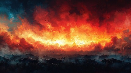 Apocalyptic Battlefield with Burning Sky and Silhouettes of Tanks and Soldiers