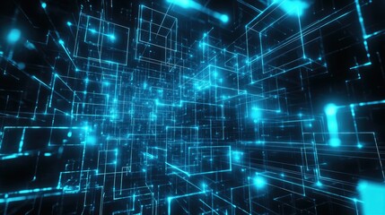Obraz premium High-tech digital background with glowing blue squares and lines forming a wireframe plexus effect.