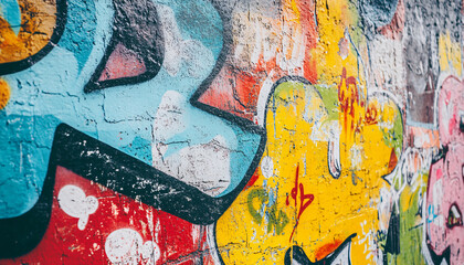 Fototapeta premium A graffiti-covered urban wall, showcasing vibrant colors, bold lines, and an edgy, artistic vibe