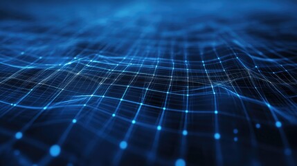 High-tech wireframe grid in blue with plexus lines, creating a futuristic digital background design.