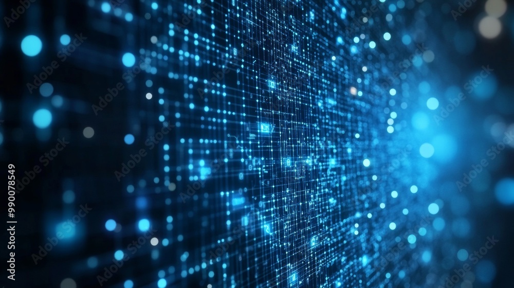 Aufkleber Code and Big Data Connectivity for Cloud Storage and AI. Blue Matrix Background for Quantum Computing and Algorithms