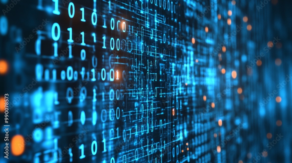 Poster Code and Big Data Connectivity for Cloud Storage and AI. Blue Matrix Background for Quantum Computing and Algorithms