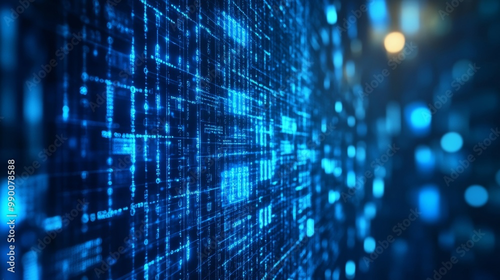 Poster Code and Big Data Connectivity for Cloud Storage and AI. Blue Matrix Background for Quantum Computing and Algorithms