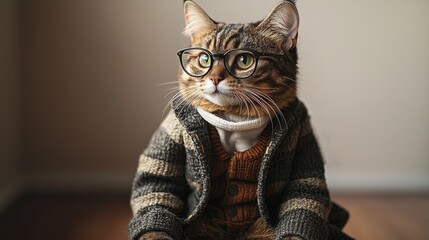 A stylish cat wearing glasses and a cozy sweater sits on a wooden floor indoors, exuding charm and intelligence
