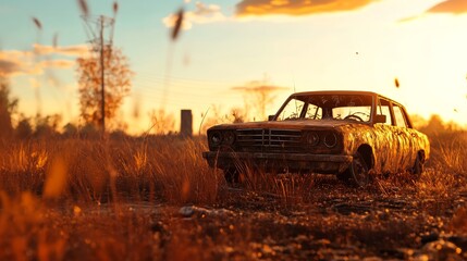 Fototapeta premium A rusty car sits abandoned in a desolate field, bathed in the warm glow of a setting sun, symbolizing the passage of time, forgotten memories, and the beauty of decay.