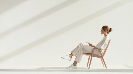 Person in neutral clothing sitting in a minimalist chair, side view, soft shadows.