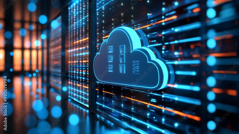 Poster Server Room and Cloud Computing Icon. Digital Cybersecurity, Software, and Online Storage in IT Systems