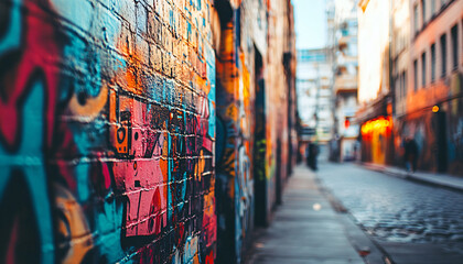 Naklejka premium A graffiti-covered urban wall, showcasing vibrant colors, bold lines, and an edgy, artistic vibe