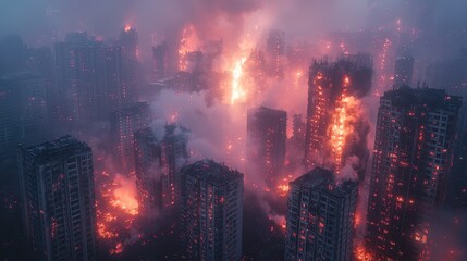 Obraz premium Aerial View of Burning Apartment Buildings in a City