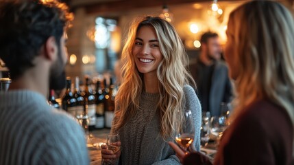 A lively gathering in a cozy bar with friends enjoying drinks and engaging conversation during a joyful evening