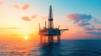 Obraz premium Offshore Oil Rig at Sunset Over Calm Ocean Waters