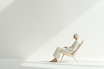 Person in neutral clothing sitting in a minimalist chair, side view, soft shadows.