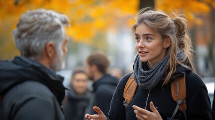 Fototapeta premium Engaging conversation between a young woman and an older man amidst vibrant autumn foliage in an urban setting