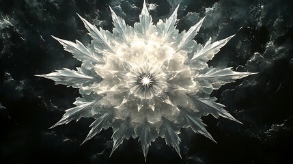 A starburst mandala with sharp, pointed shapes radiating outward from the center, black and white, intricate detailing, high contrast, symmetrical design, dynamic energy, bold lines.