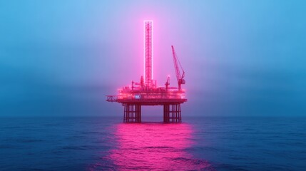 Vibrant Offshore Oil Rig at Dusk with Neon Glow