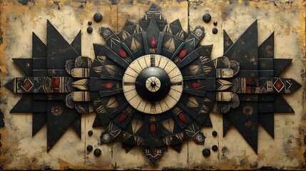 A tribal mandala with bold geometric shapes and traditional cultural patterns, black and white, high contrast design, intricate detailing, perfect symmetry.  --ar 16:9 --no logo