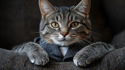 A stylish cat dressed in a gray blazer poses elegantly on a cozy armchair in a warmly lit living room during the afternoon