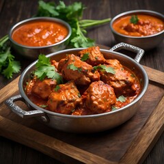 Fototapeta premium Delicious juicy tasty Chicken tikka dish well cooked with some vegetable served, Chicken tikka masala, cooked marinated chicken in spiced curry sauce
