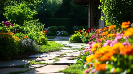 Fototapeta premium A serene courtyard path winds through a vibrant display of colorful flowers, inviting you to relax and enjoy the beauty of nature. This image symbolizes peace, tranquility, and the joy of blooming lif