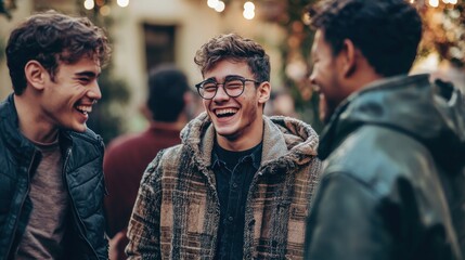 Fototapeta premium Young men laughing together at a funny joke during a gathering.
