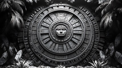 A tribal-inspired mandala with geometric patterns and circular symmetry, black and white, detailed cultural designs, sharp lines, bold contrast.  --ar 16:9 --no logo