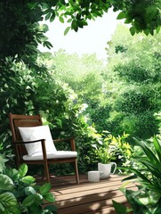 A serene patio setting with a comfortable chair, surrounded by lush greenery and a glimpse of blue sky, inviting you to unwind and enjoy the tranquility of nature.